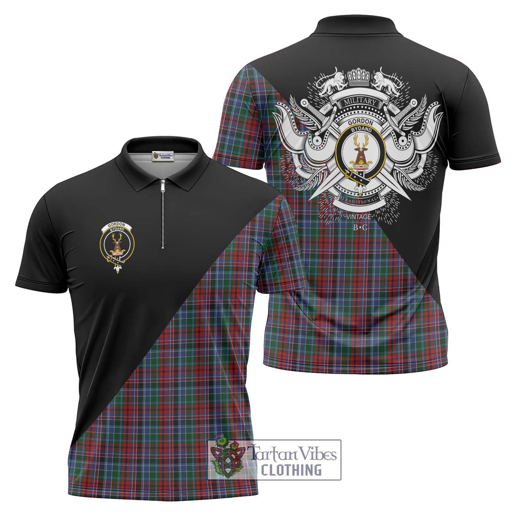 Gordon Red Tartan Zipper Polo Shirt with Family Crest and Military Logo Style Unisex - Tartanvibesclothing Shop