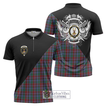 Gordon Red Tartan Zipper Polo Shirt with Family Crest and Military Logo Style