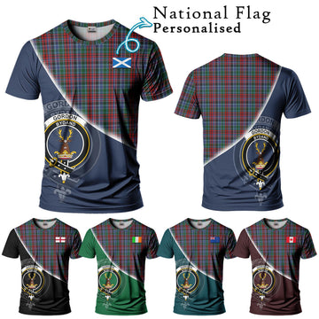 Gordon Red Tartan T-Shirt with Personalised National Flag and Family Crest Half Style