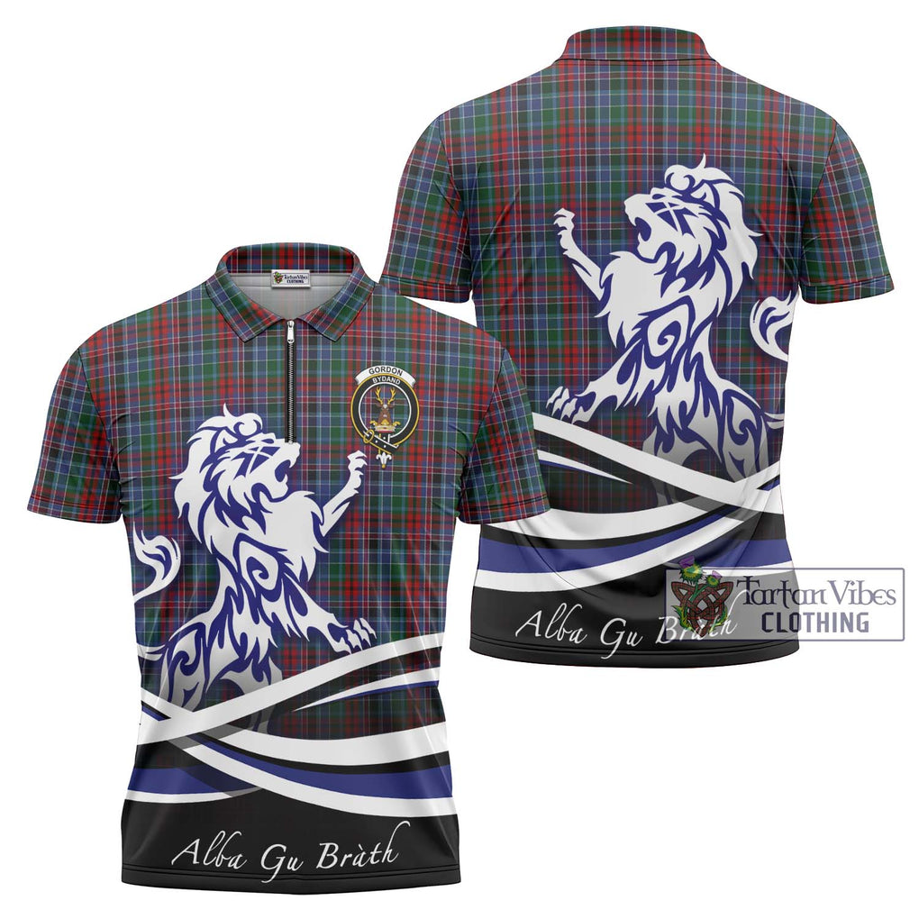 Gordon Red Tartan Zipper Polo Shirt with Alba Gu Brath Regal Lion Emblem Unisex - Tartanvibesclothing Shop