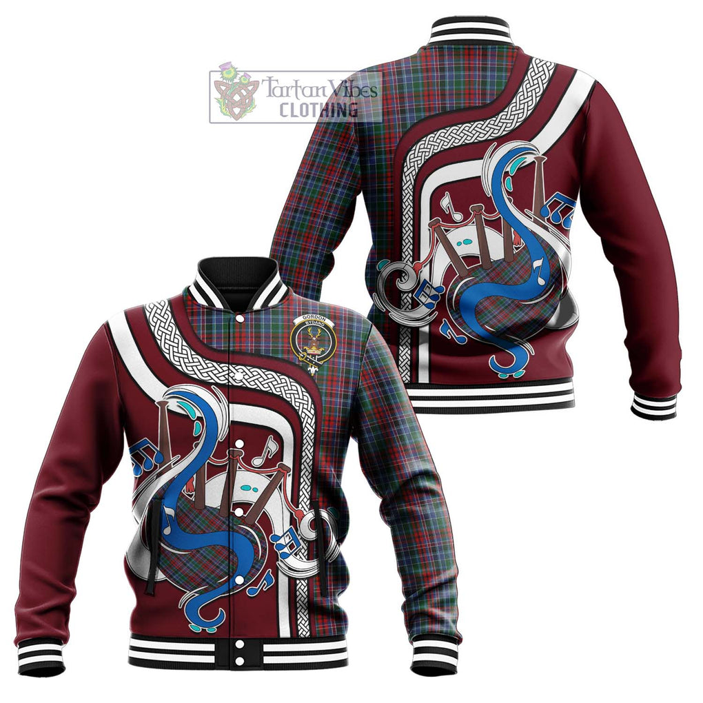 Tartan Vibes Clothing Gordon Red Tartan Baseball Jacket with Epic Bagpipe Style