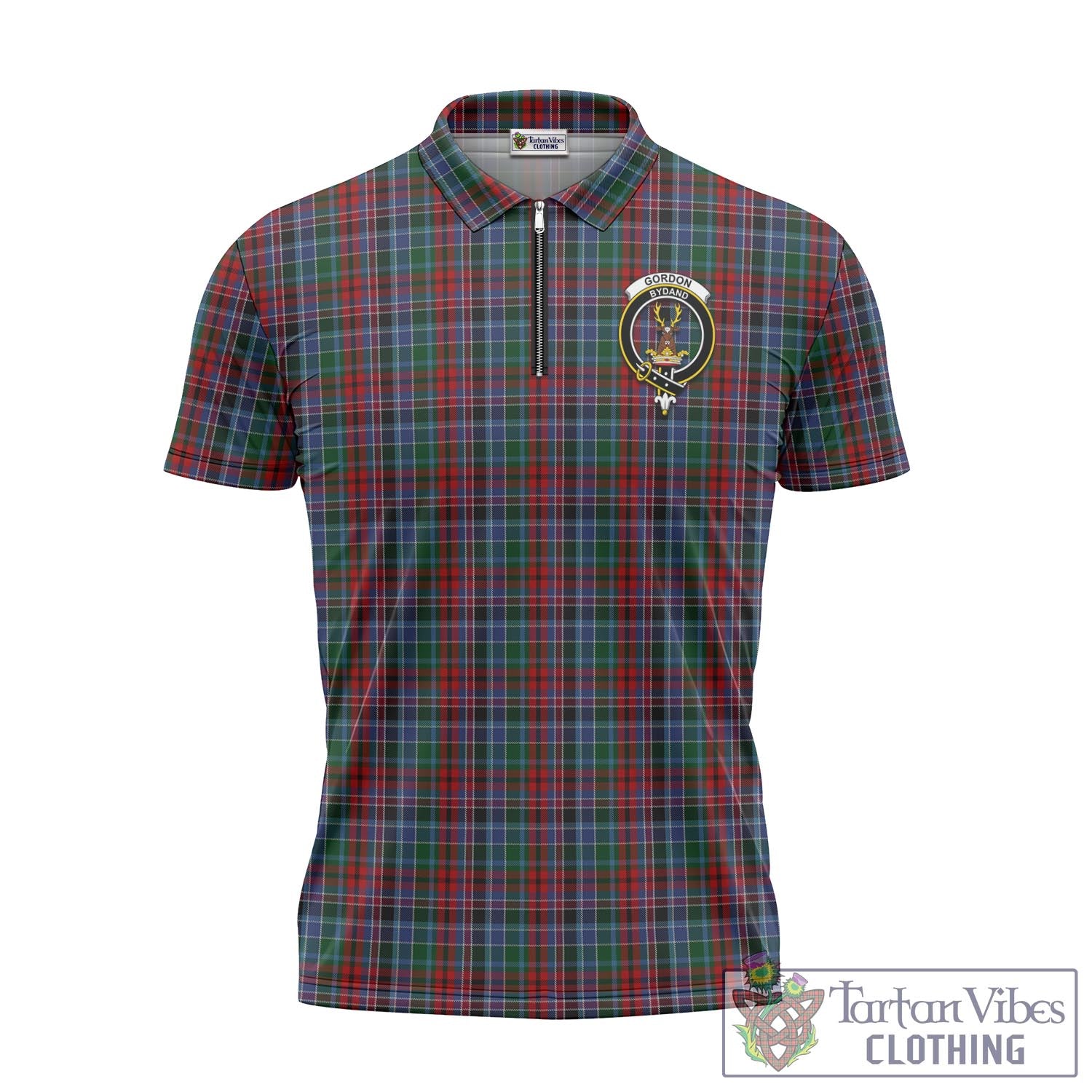 Tartan Vibes Clothing Gordon Red Tartan Zipper Polo Shirt with Family Crest