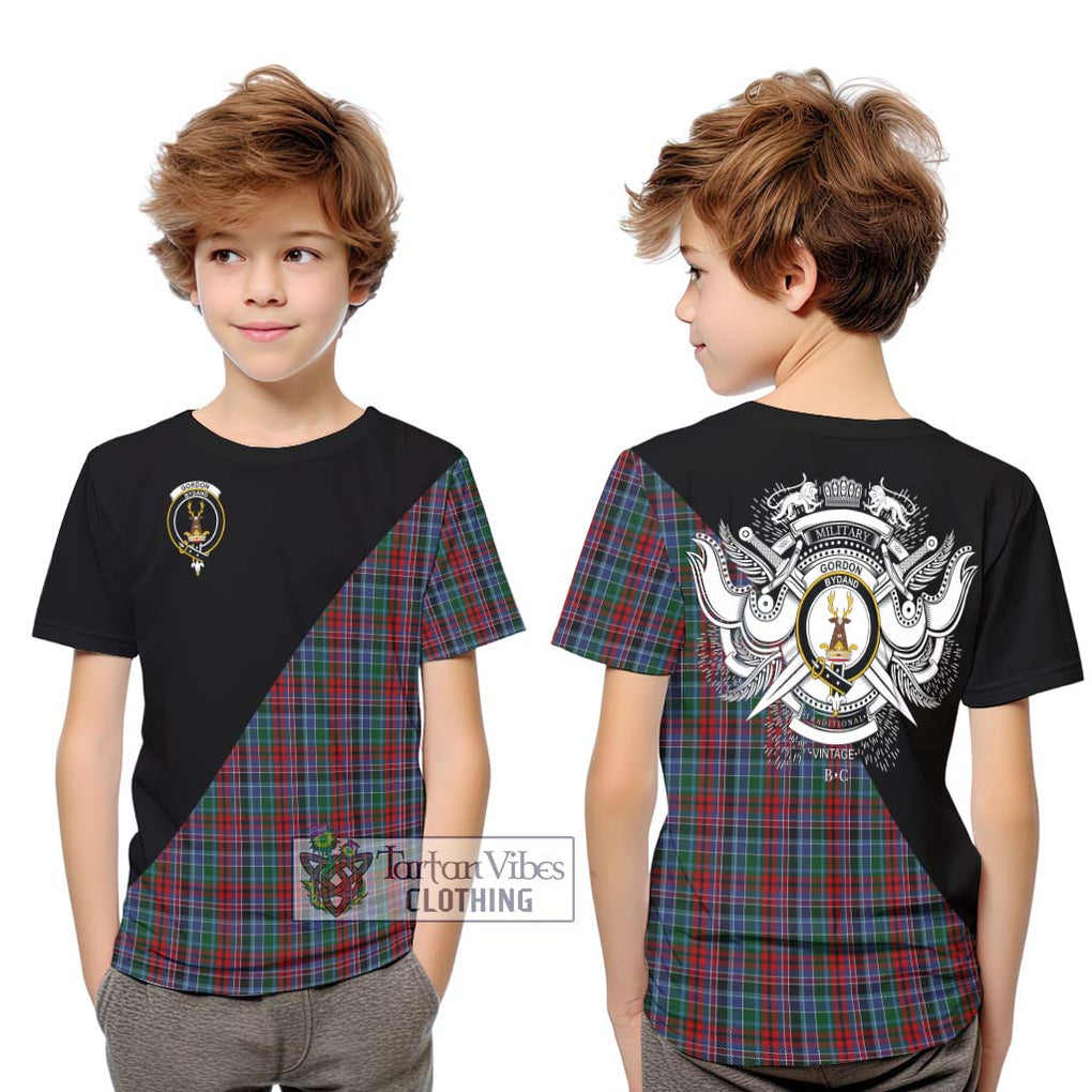 Gordon Red Tartan Kid T-Shirt with Family Crest and Military Logo Style Youth XL Size14 - Tartanvibesclothing Shop