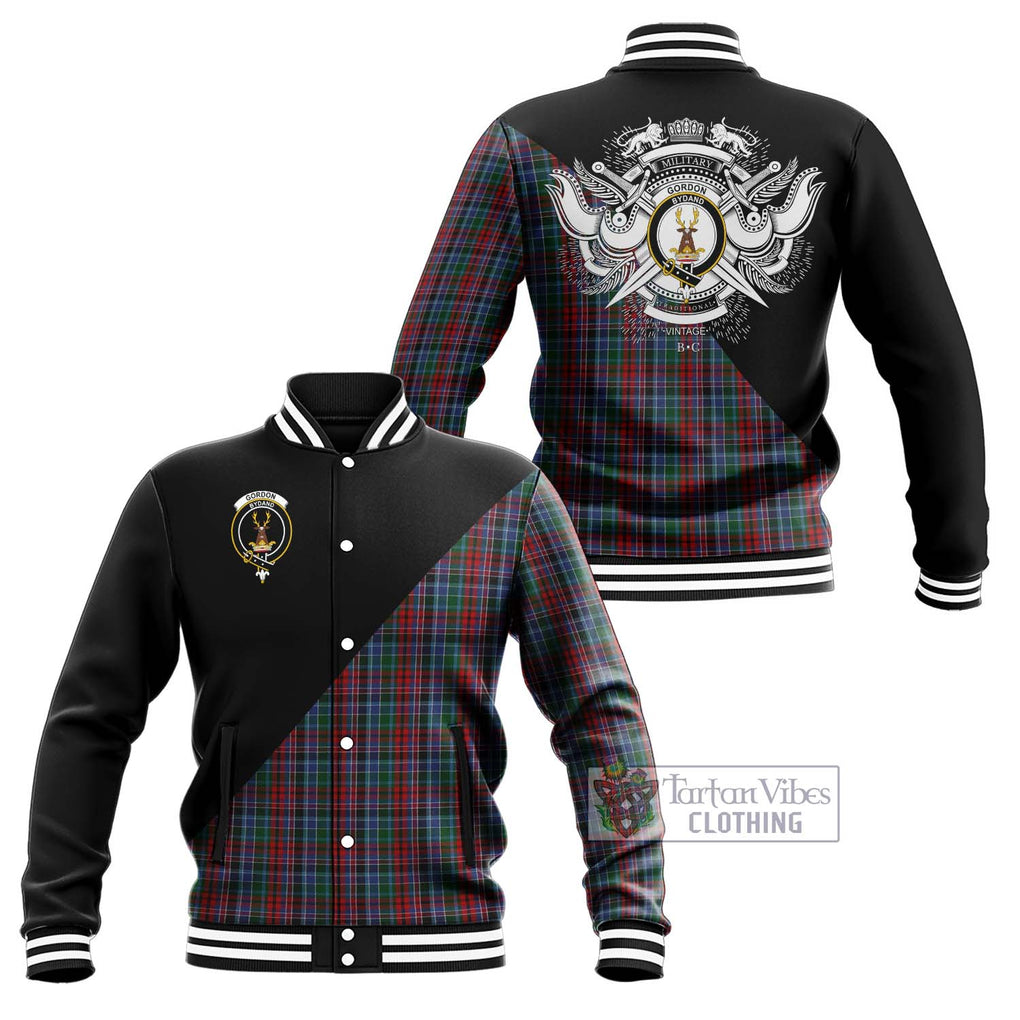 Gordon Red Tartan Baseball Jacket with Family Crest and Military Logo Style Unisex - Tartanvibesclothing Shop