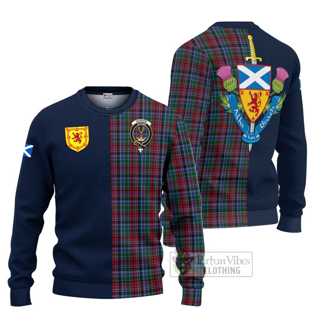 Tartan Vibes Clothing Gordon Red Tartan Knitted Sweater with Scottish Lion Royal Arm Half Style