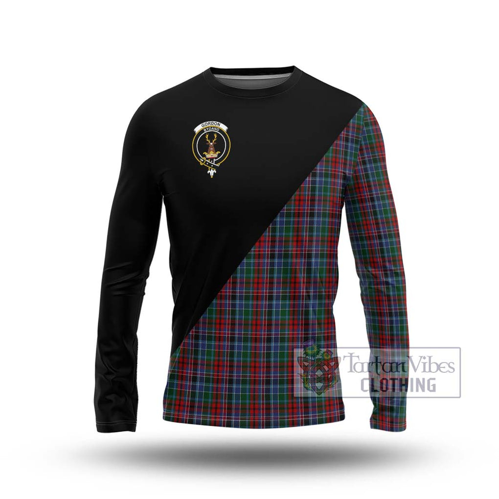 Gordon Red Tartan Long Sleeve T-Shirt with Family Crest and Military Logo Style Unisex - Tartanvibesclothing Shop