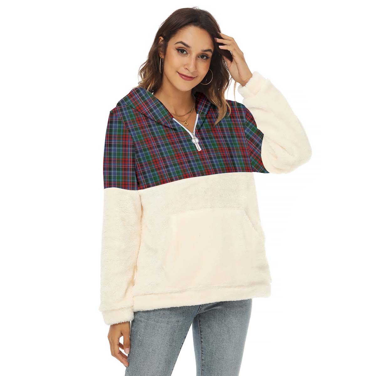 Gordon Red Tartan Women's Borg Fleece Hoodie With Half Zip Female - Tartan Vibes Clothing