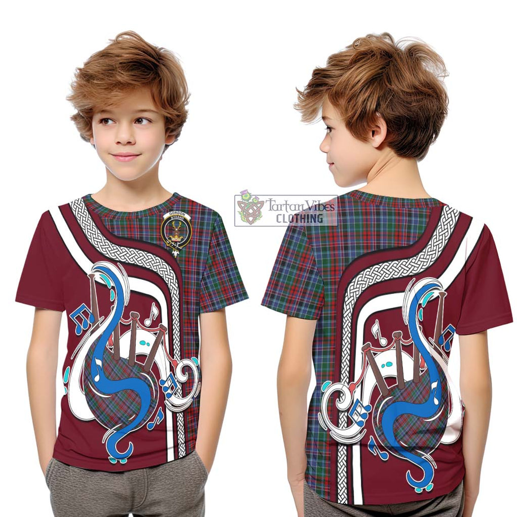 Tartan Vibes Clothing Gordon Red Tartan Kid T-Shirt with Epic Bagpipe Style