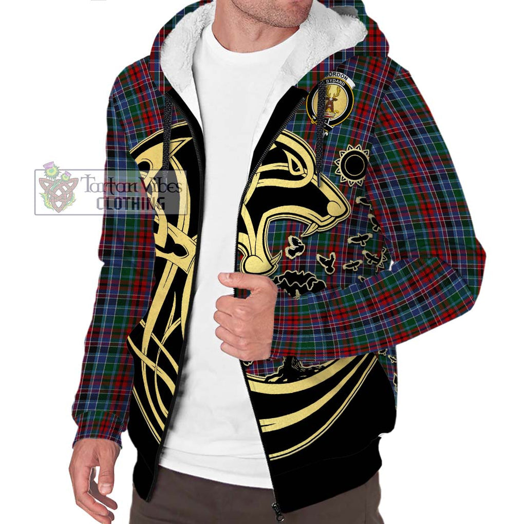 Gordon Red Tartan Sherpa Hoodie with Family Crest Celtic Wolf Style Unisex S - Tartan Vibes Clothing