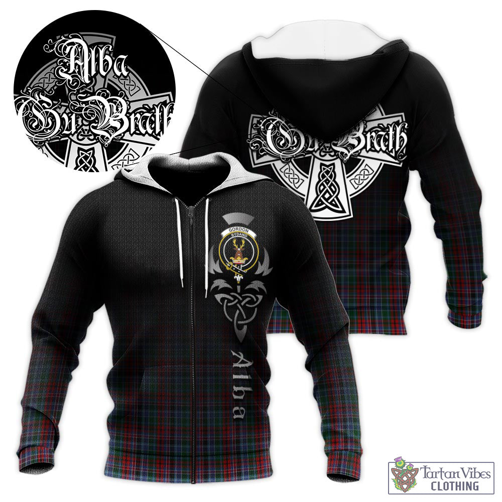 Tartan Vibes Clothing Gordon Red Tartan Knitted Hoodie Featuring Alba Gu Brath Family Crest Celtic Inspired