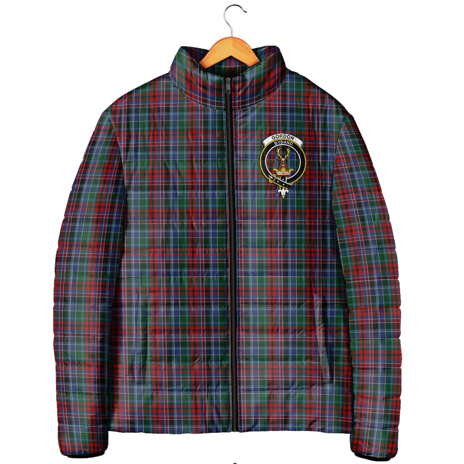 Gordon Red Tartan Padded Jacket with Family Crest - Tartanvibesclothing