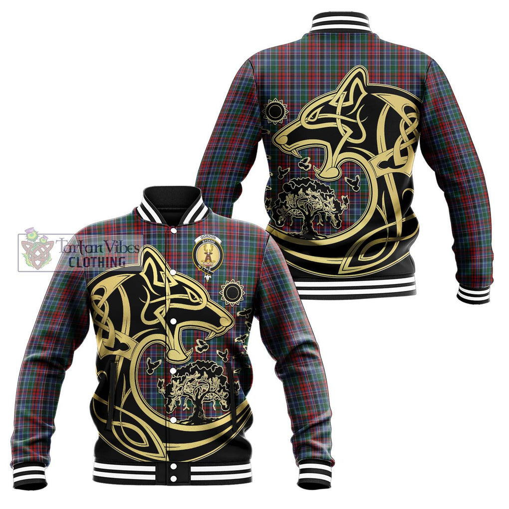 Gordon Red Tartan Baseball Jacket with Family Crest Celtic Wolf Style Unisex - Tartan Vibes Clothing