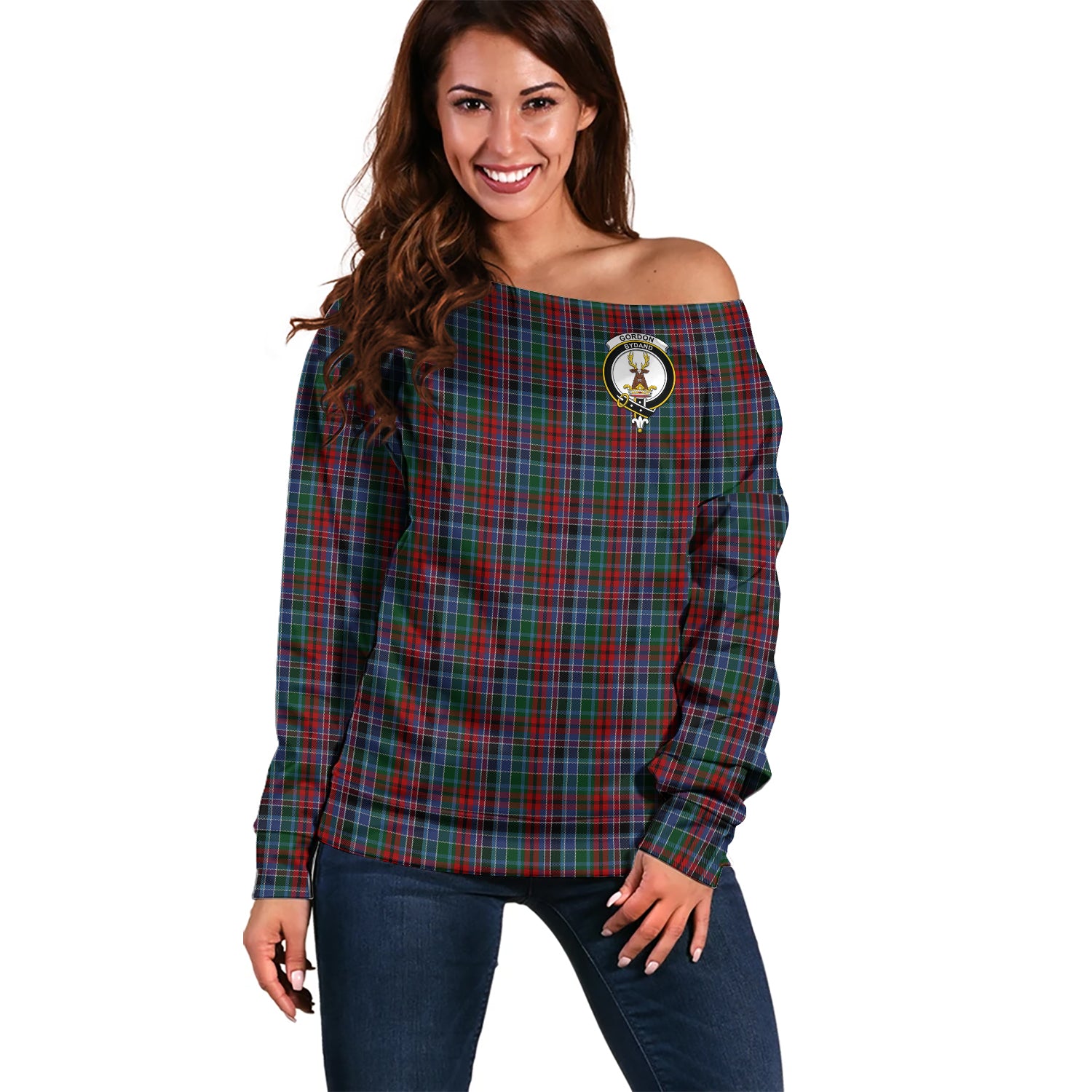 Gordon Red Tartan Off Shoulder Women Sweater with Family Crest Women - Tartanvibesclothing