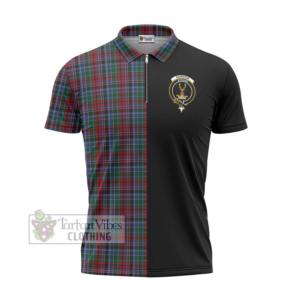 Gordon Red Tartan Zipper Polo Shirt with Family Crest and Half Of Me Style - Tartanvibesclothing Shop