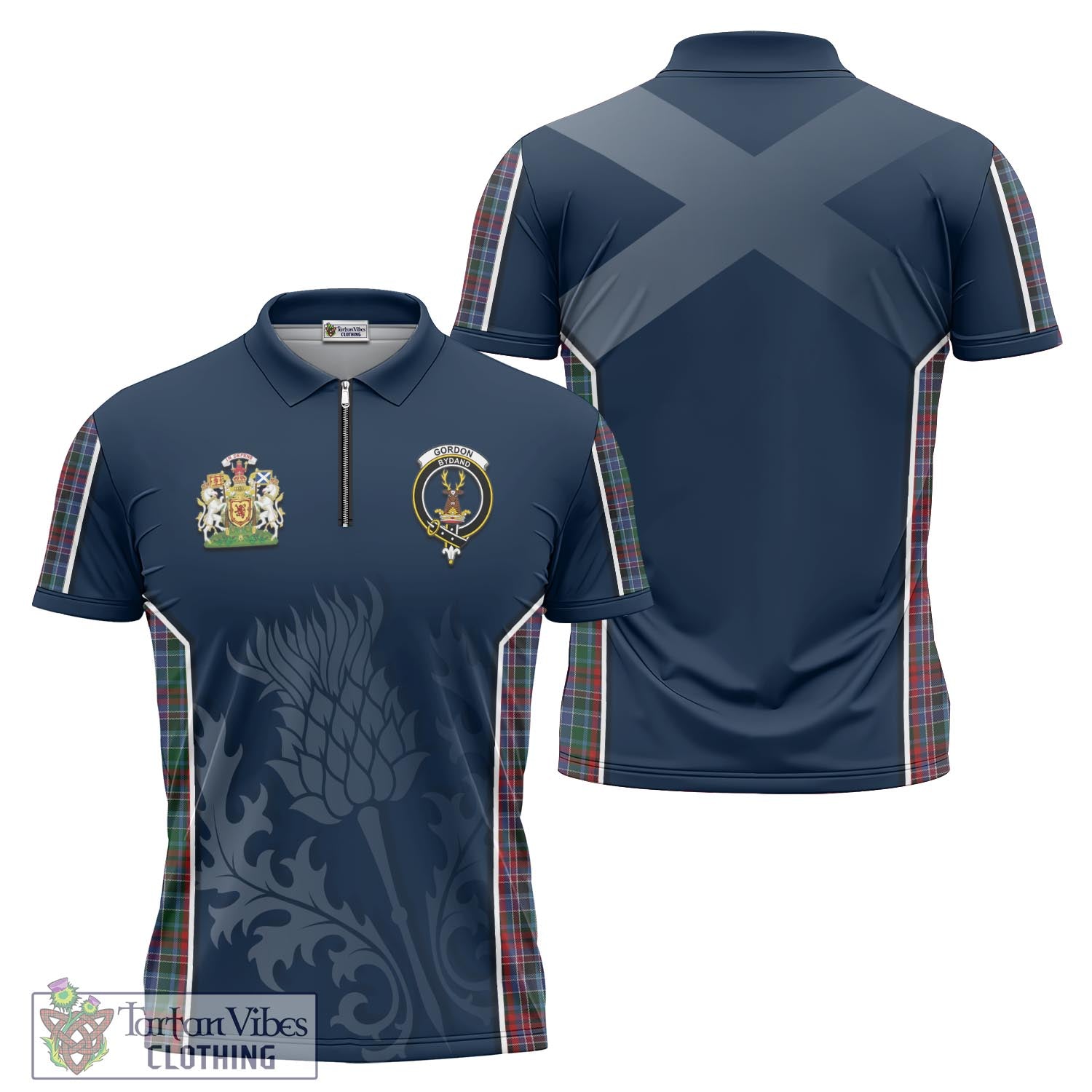 Tartan Vibes Clothing Gordon Red Tartan Zipper Polo Shirt with Family Crest and Scottish Thistle Vibes Sport Style