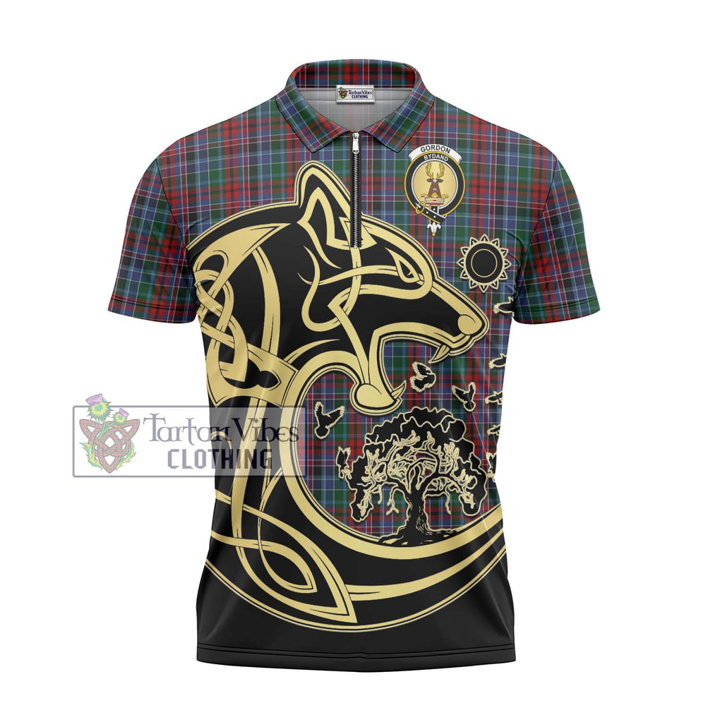 Gordon Red Tartan Zipper Polo Shirt with Family Crest Celtic Wolf Style - Tartanvibesclothing Shop