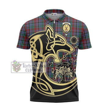 Gordon Red Tartan Zipper Polo Shirt with Family Crest Celtic Wolf Style