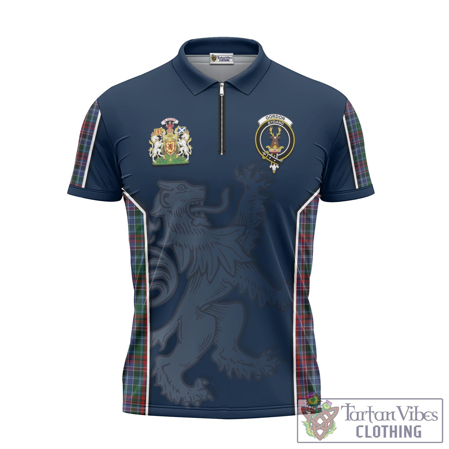 Tartan Vibes Clothing Gordon Red Tartan Zipper Polo Shirt with Family Crest and Lion Rampant Vibes Sport Style