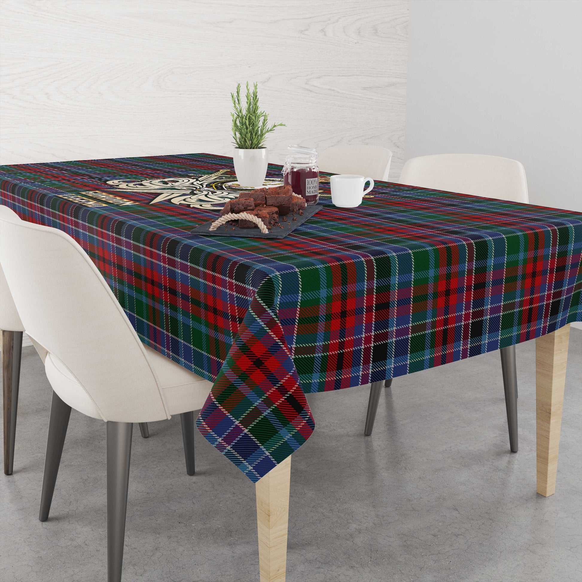 Tartan Vibes Clothing Gordon Red Tartan Tablecloth with Clan Crest and the Golden Sword of Courageous Legacy