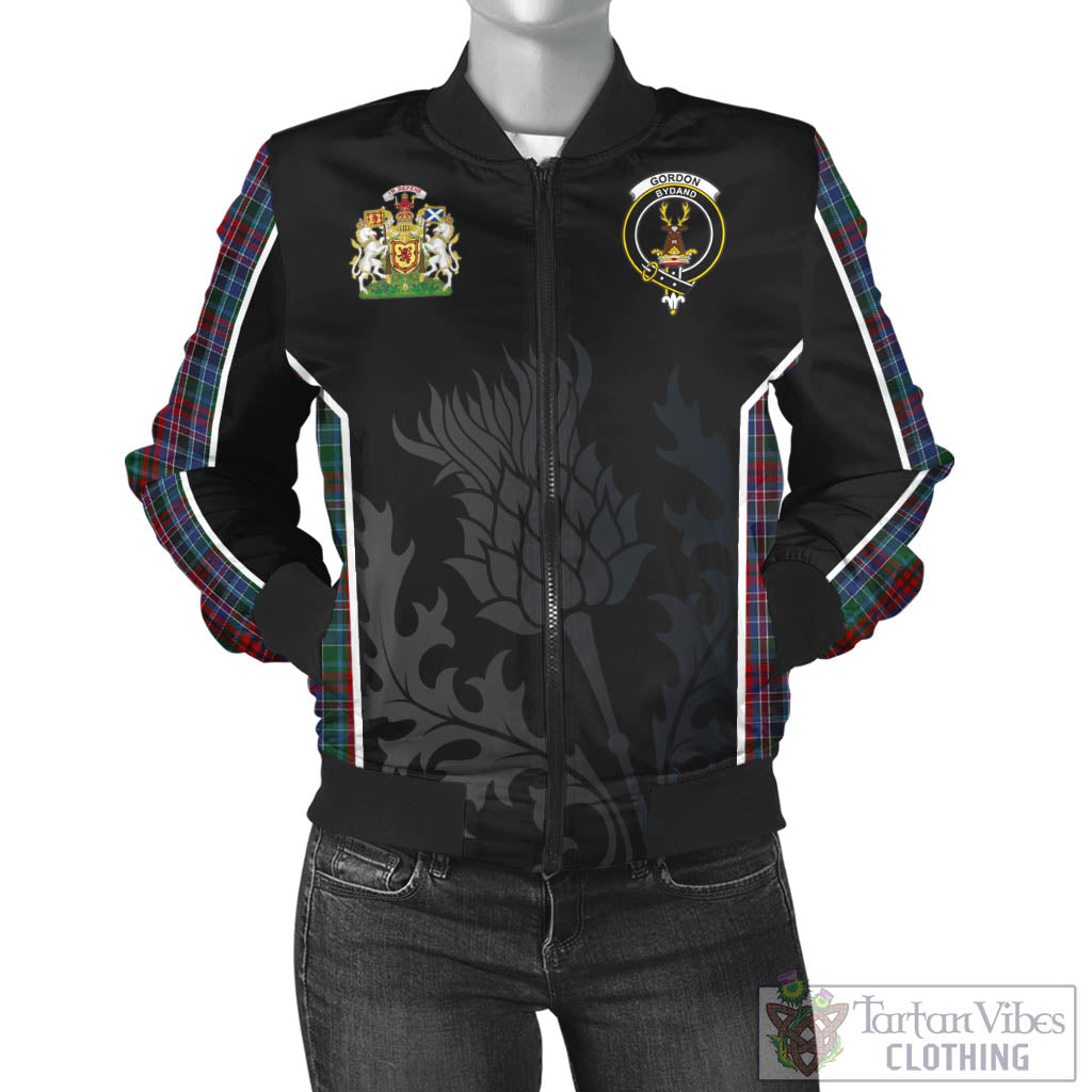 Tartan Vibes Clothing Gordon Red Tartan Bomber Jacket with Family Crest and Scottish Thistle Vibes Sport Style