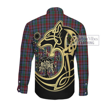 Gordon Red Tartan Long Sleeve Button Shirt with Family Crest Celtic Wolf Style