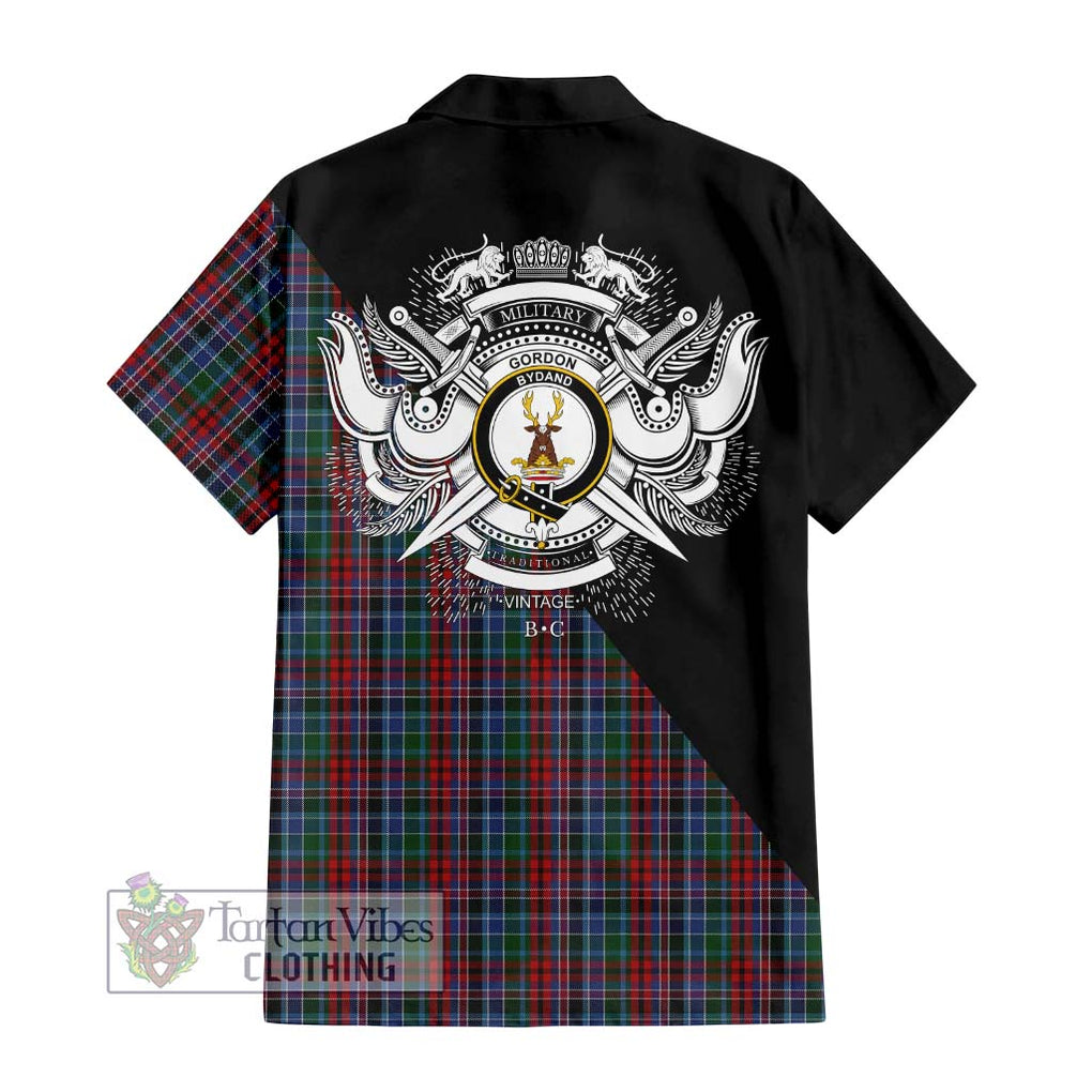 Gordon Red Tartan Short Sleeve Button Shirt with Family Crest and Military Logo Style - Tartanvibesclothing Shop