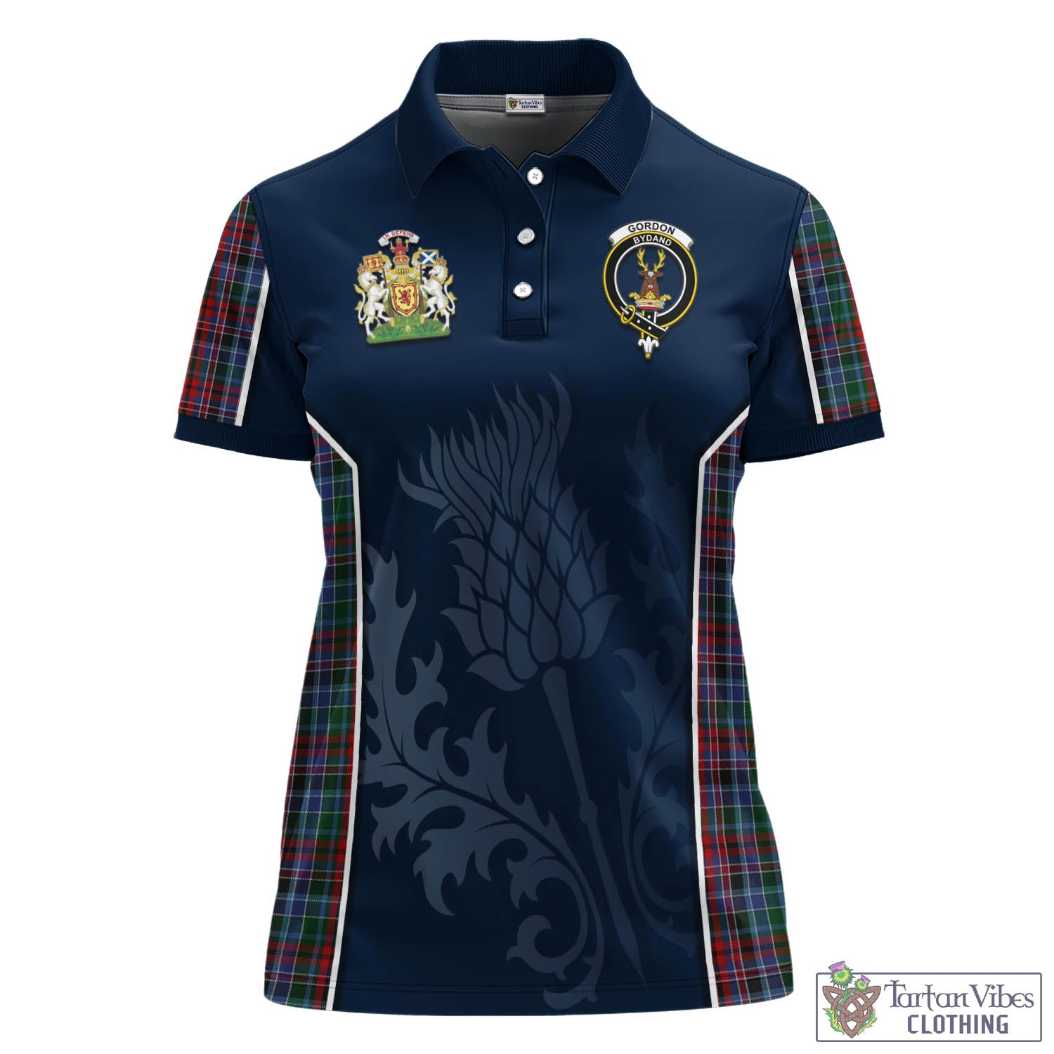 Tartan Vibes Clothing Gordon Red Tartan Women's Polo Shirt with Family Crest and Scottish Thistle Vibes Sport Style