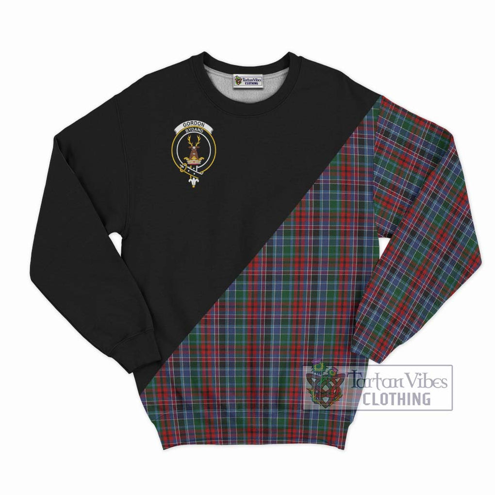 Gordon Red Tartan Sweatshirt with Family Crest and Military Logo Style - Tartanvibesclothing Shop