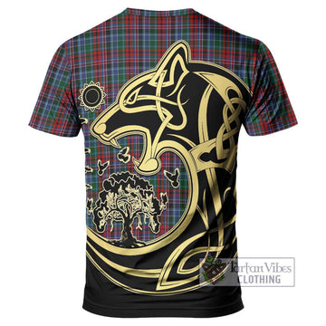 Gordon Red Tartan T-Shirt with Family Crest Celtic Wolf Style