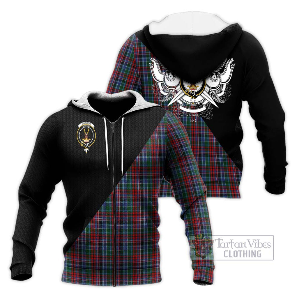 Gordon Red Tartan Knitted Hoodie with Family Crest and Military Logo Style Unisex Knitted Zip Hoodie - Tartanvibesclothing Shop