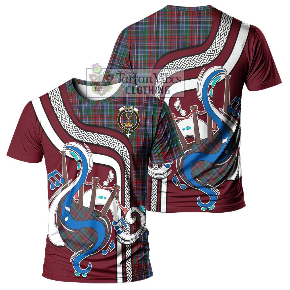 Gordon Red Tartan T-Shirt with Epic Bagpipe Style - Tartanvibesclothing Shop