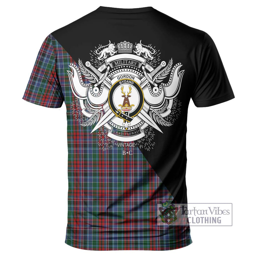 Gordon Red Tartan T-Shirt with Family Crest and Military Logo Style - Tartanvibesclothing Shop