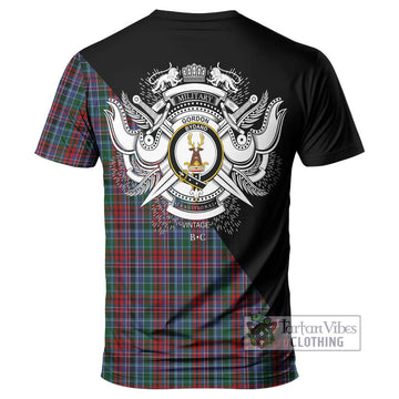 Gordon Red Tartan T-Shirt with Family Crest and Military Logo Style