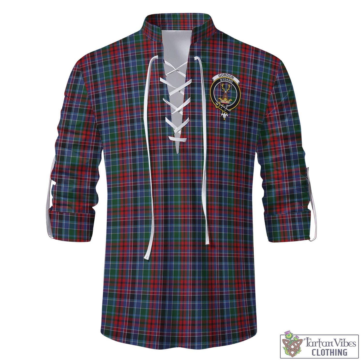 Tartan Vibes Clothing Gordon Red Tartan Men's Scottish Traditional Jacobite Ghillie Kilt Shirt with Family Crest