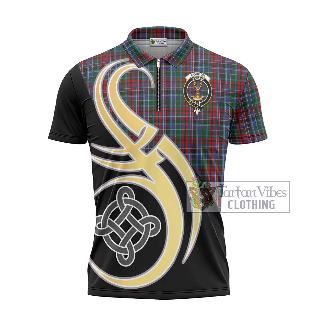 Tartan Vibes Clothing Gordon Red Tartan Zipper Polo Shirt with Family Crest and Celtic Symbol Style