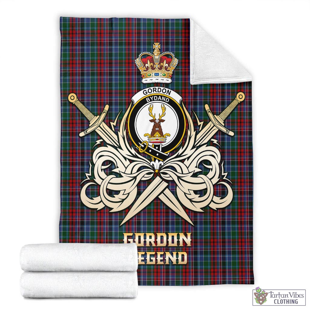 Tartan Vibes Clothing Gordon Red Tartan Blanket with Clan Crest and the Golden Sword of Courageous Legacy