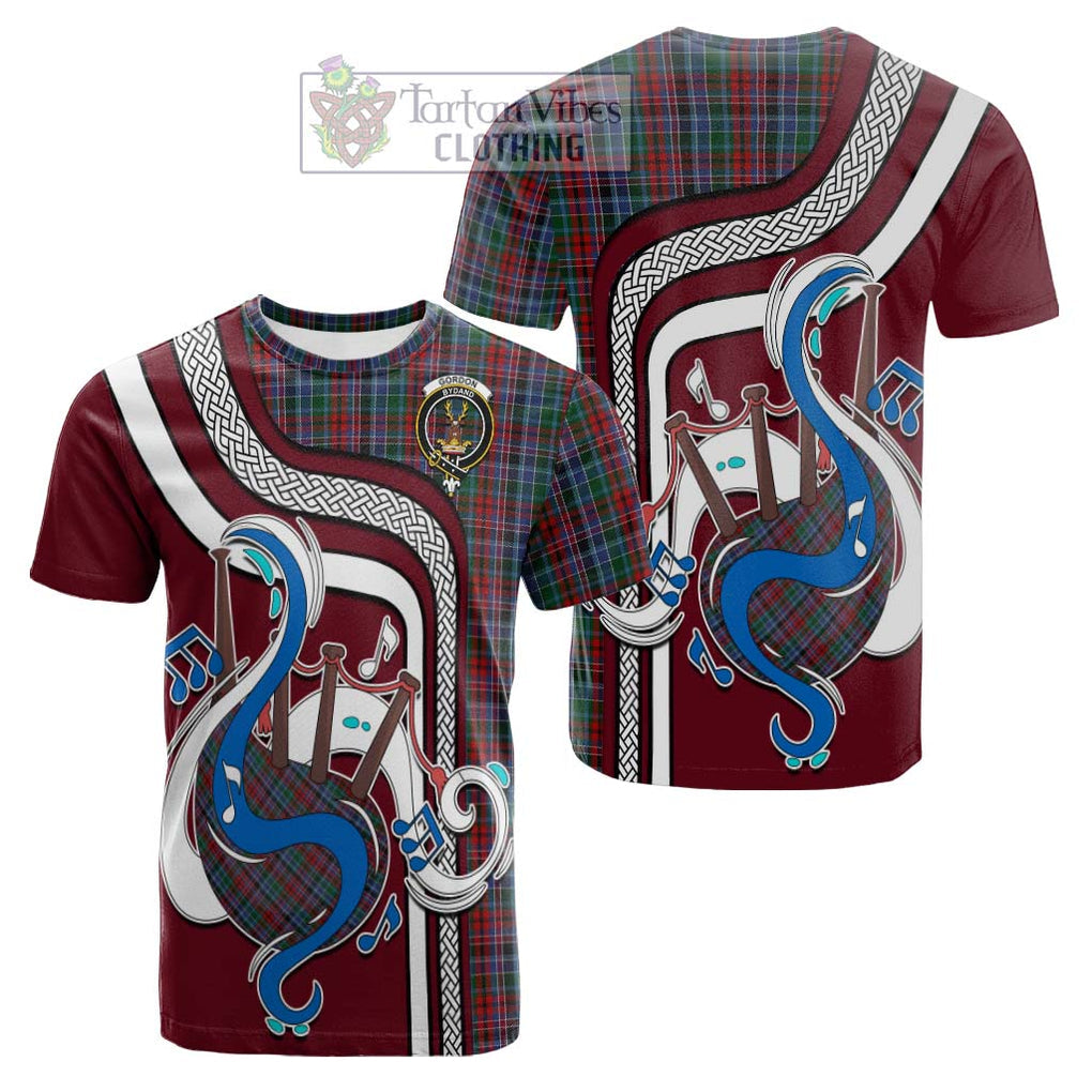 Tartan Vibes Clothing Gordon Red Tartan Cotton T-shirt with Epic Bagpipe Style