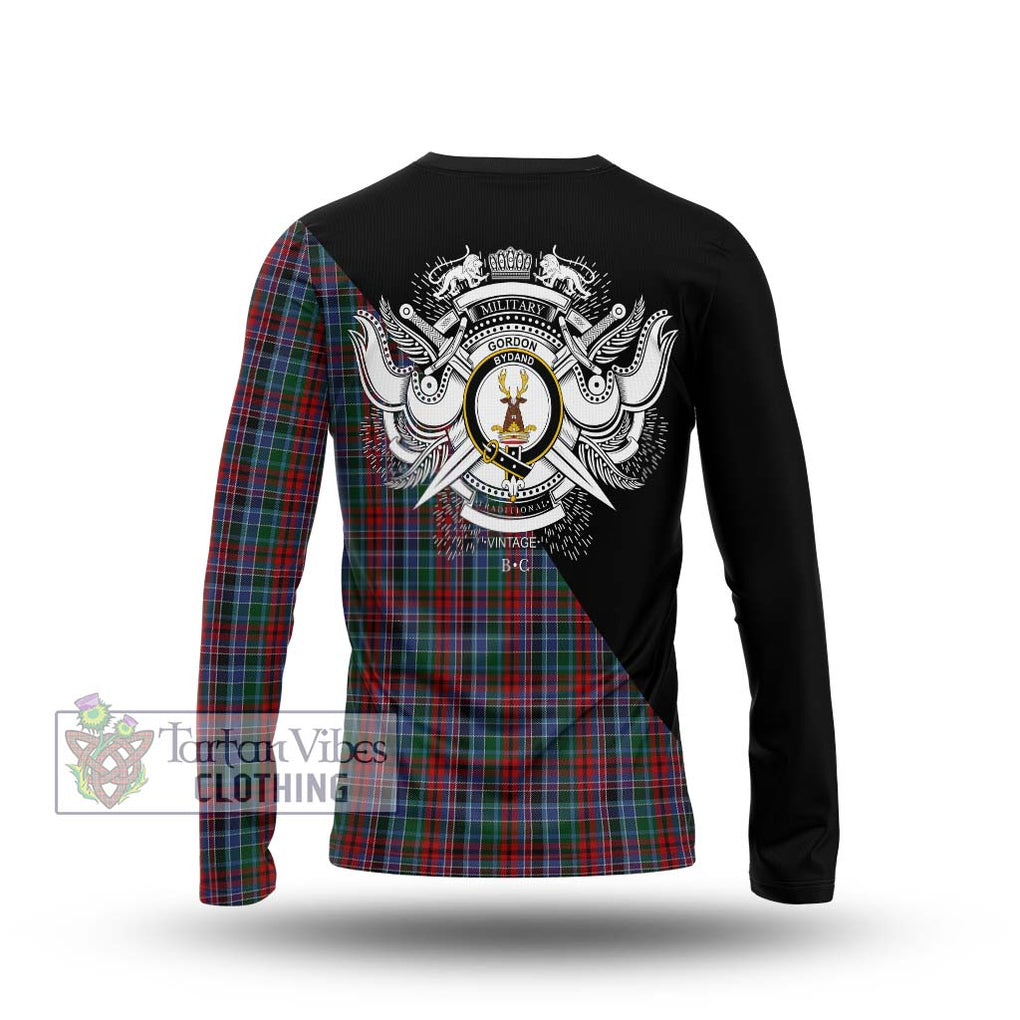 Gordon Red Tartan Long Sleeve T-Shirt with Family Crest and Military Logo Style - Tartanvibesclothing Shop