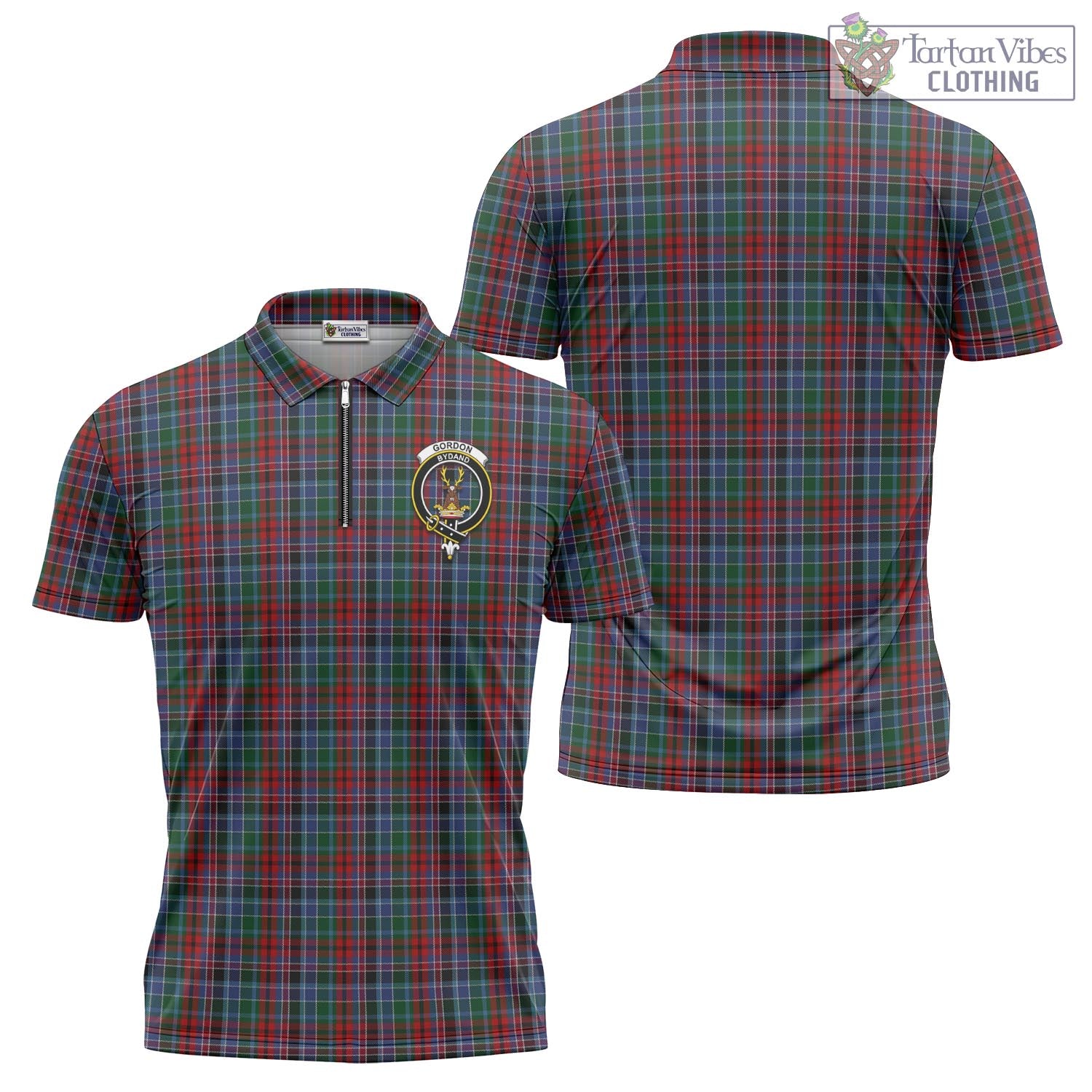 Tartan Vibes Clothing Gordon Red Tartan Zipper Polo Shirt with Family Crest