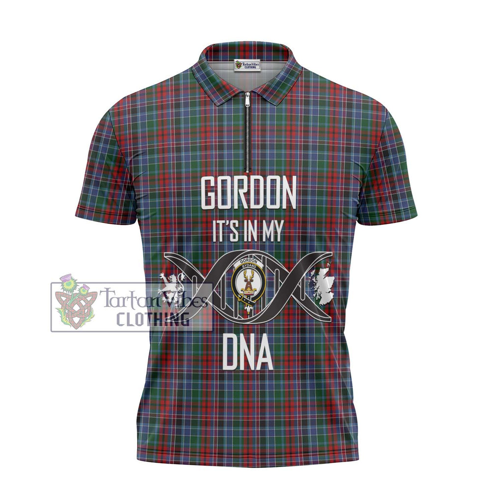 Gordon Red Tartan Zipper Polo Shirt with Family Crest DNA In Me Style - Tartanvibesclothing Shop