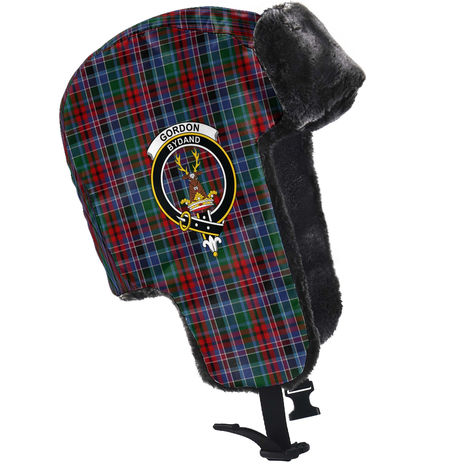 Gordon Red Tartan Winter Trapper Hat with Family Crest - Tartanvibesclothing