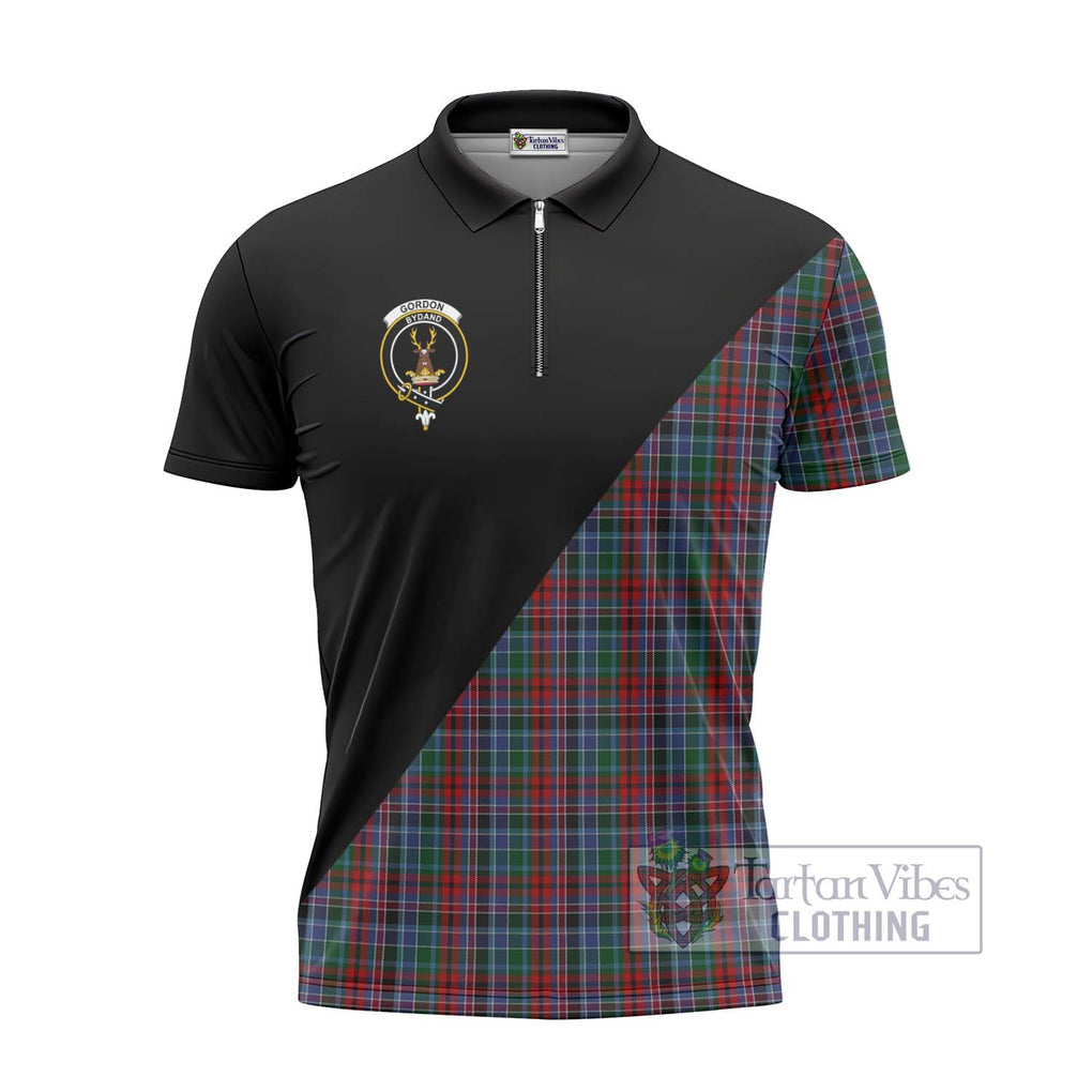 Gordon Red Tartan Zipper Polo Shirt with Family Crest and Military Logo Style - Tartanvibesclothing Shop