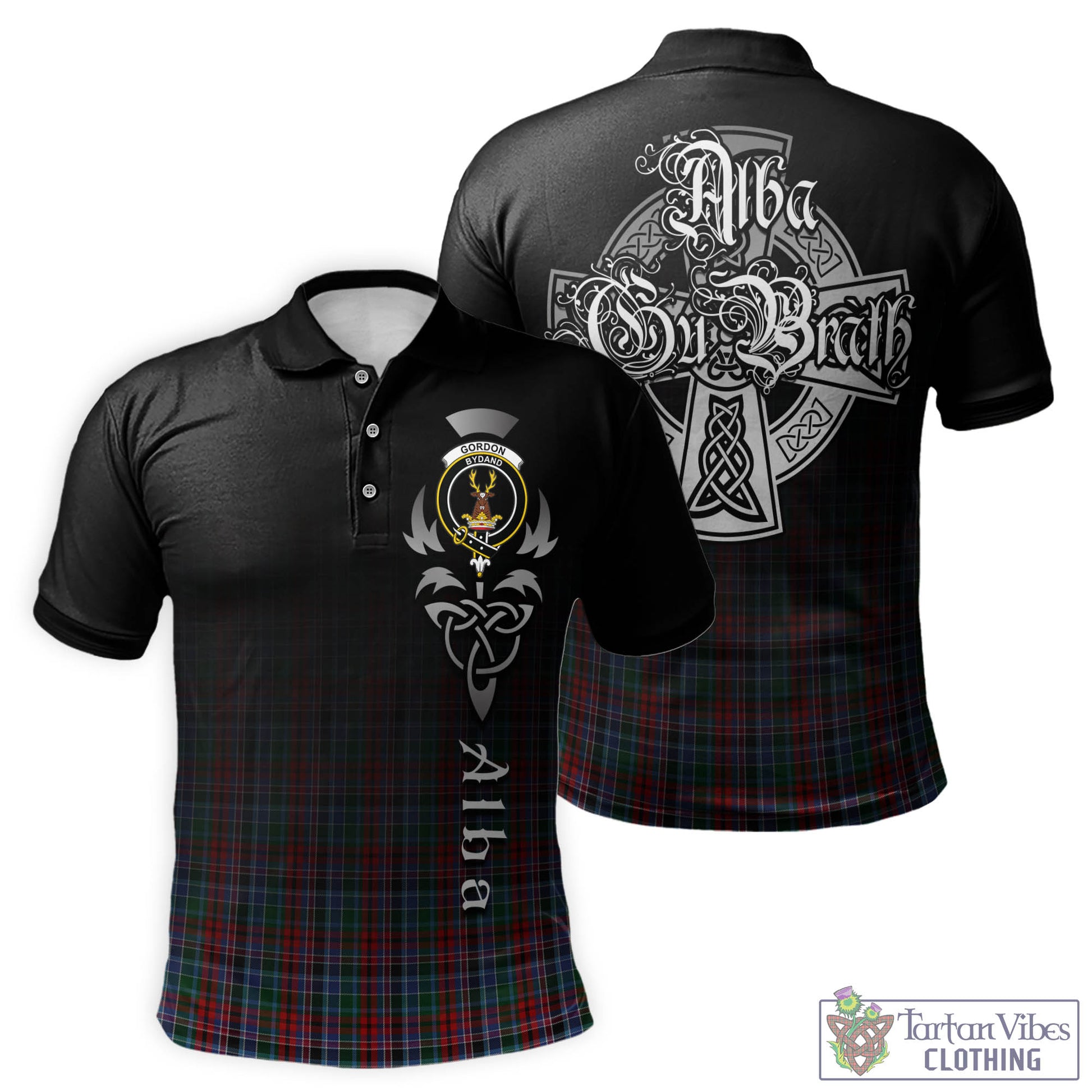 Tartan Vibes Clothing Gordon Red Tartan Polo Shirt Featuring Alba Gu Brath Family Crest Celtic Inspired