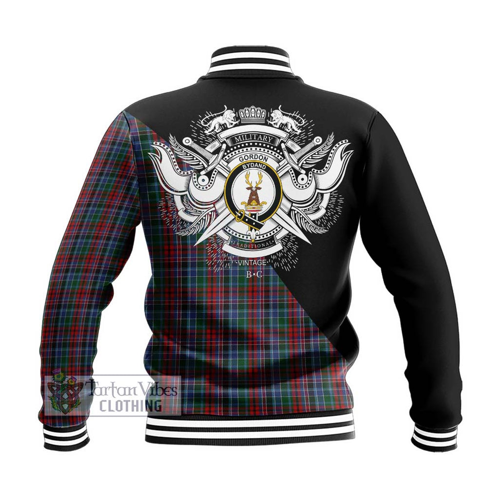 Gordon Red Tartan Baseball Jacket with Family Crest and Military Logo Style - Tartanvibesclothing Shop