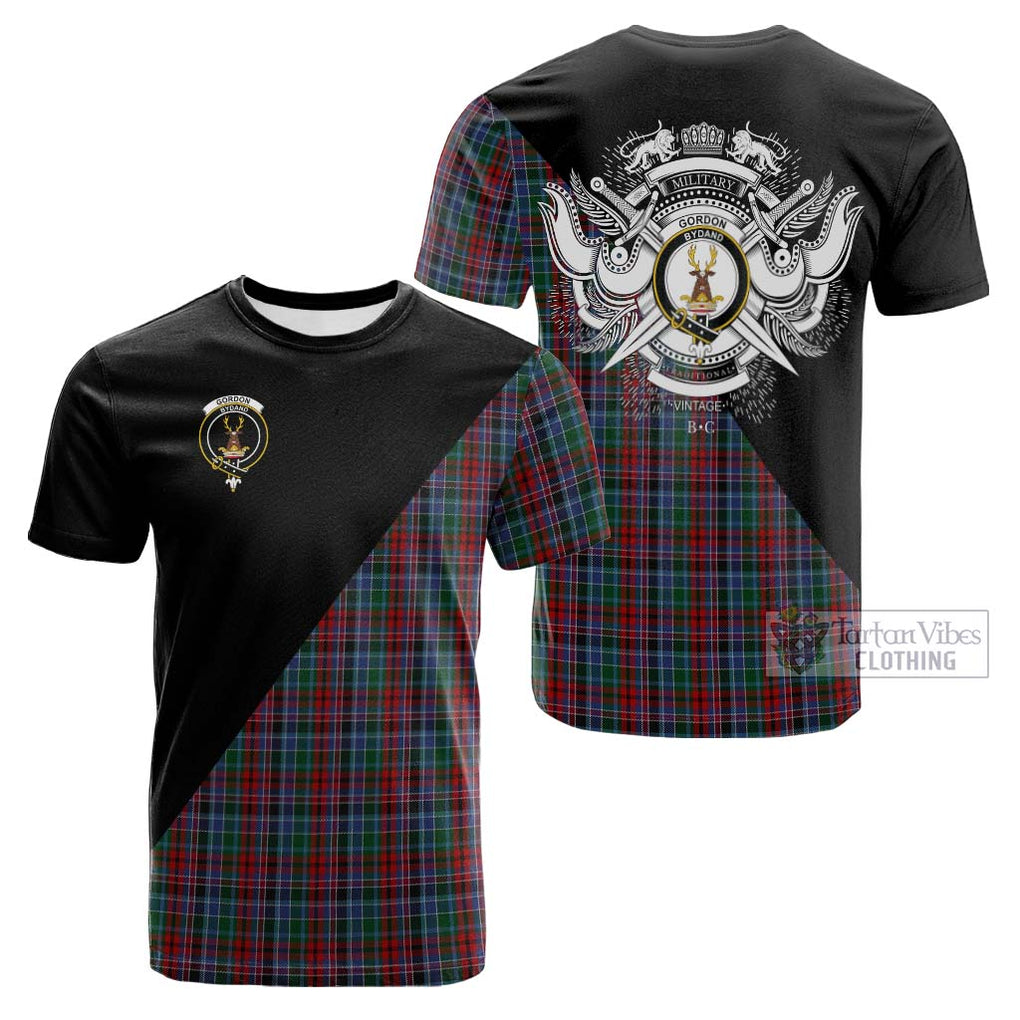 Tartan Vibes Clothing Gordon Red Tartan Cotton T-shirt with Family Crest and Military Logo Style