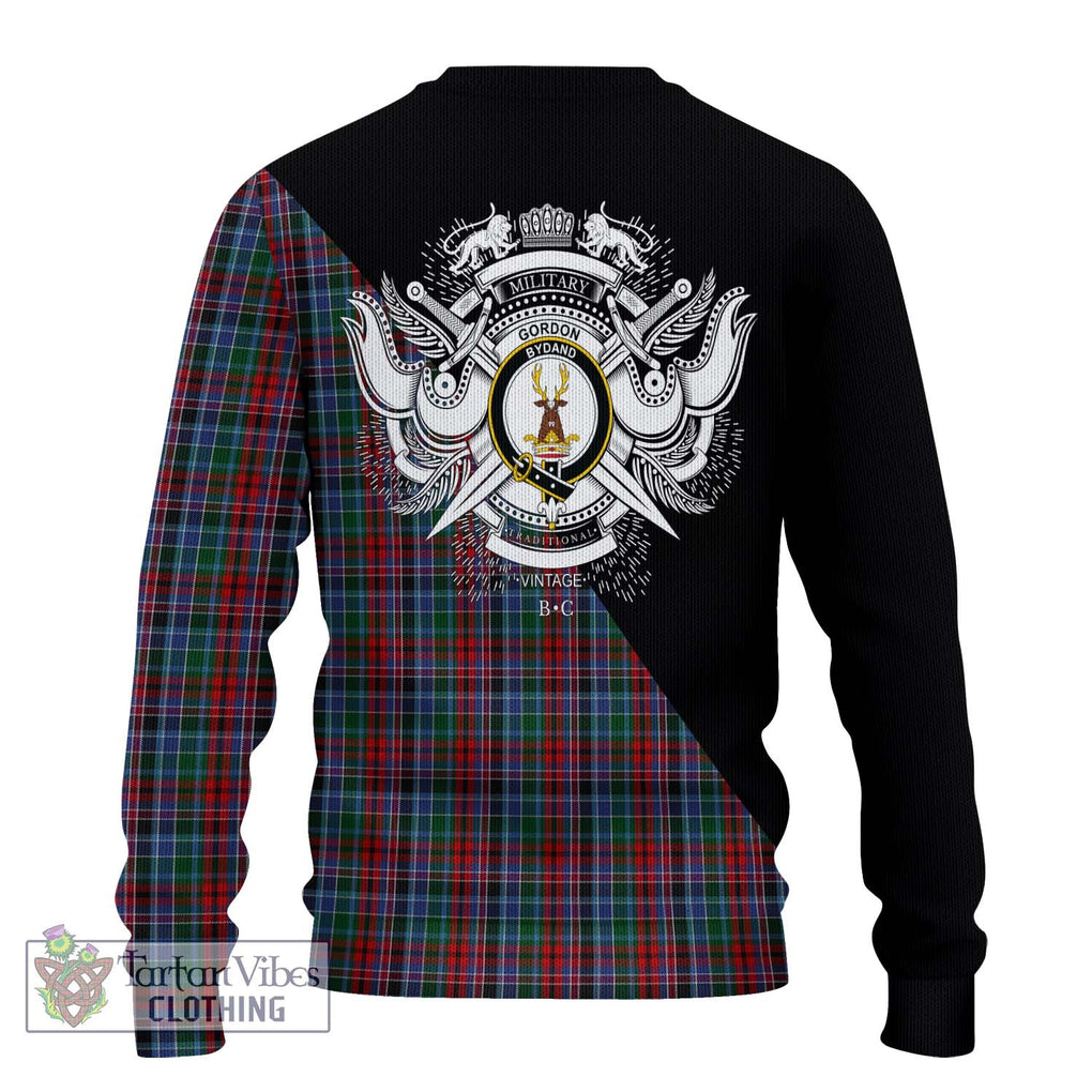 Gordon Red Tartan Knitted Sweater with Family Crest and Military Logo Style - Tartanvibesclothing Shop