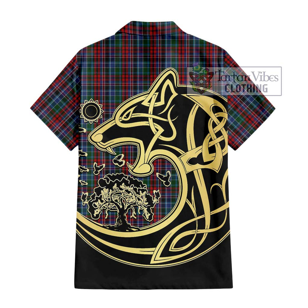 Gordon Red Tartan Short Sleeve Button Shirt with Family Crest Celtic Wolf Style - Tartan Vibes Clothing