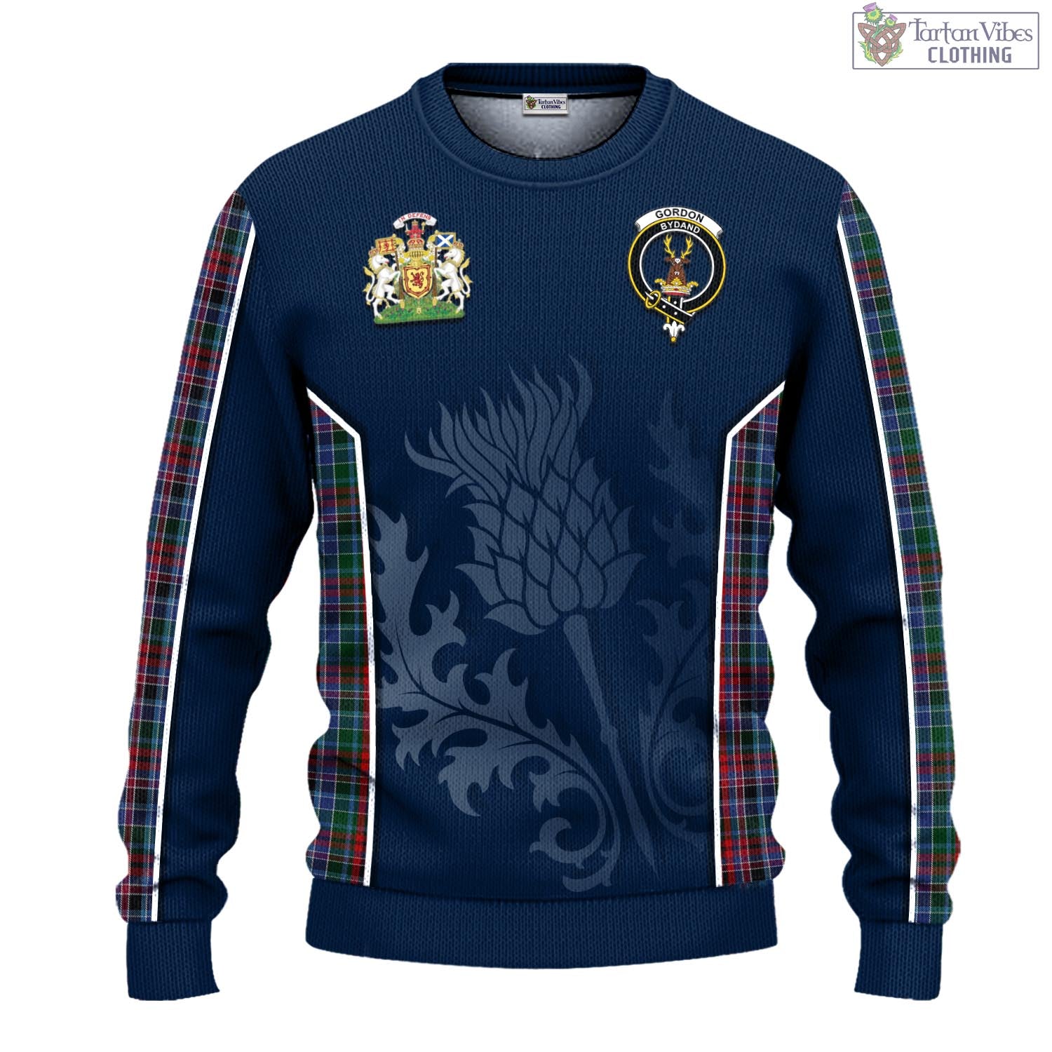 Tartan Vibes Clothing Gordon Red Tartan Knitted Sweatshirt with Family Crest and Scottish Thistle Vibes Sport Style