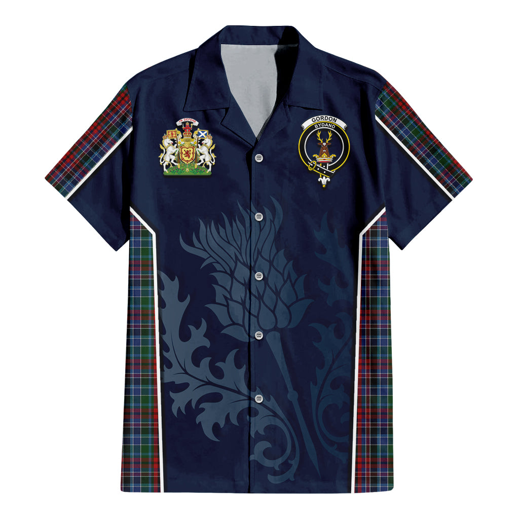 Tartan Vibes Clothing Gordon Red Tartan Short Sleeve Button Up Shirt with Family Crest and Scottish Thistle Vibes Sport Style