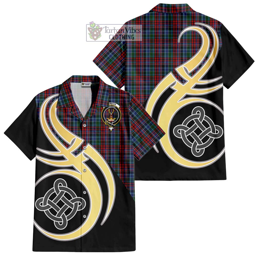 Gordon Red Tartan Short Sleeve Button Shirt with Family Crest and Celtic Symbol Style - Tartan Vibes Clothing